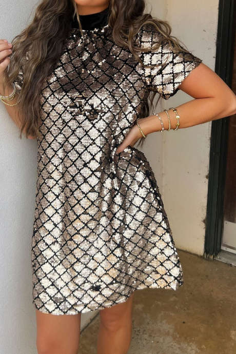 Zilverkleurige pailletten geruite uitsparing lint knoop rug T-shirt feestjurk