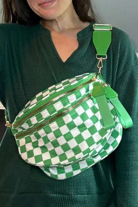 Bolso bandolera grande con correa ancha y estampado de cuadros verdes BH031406-P9