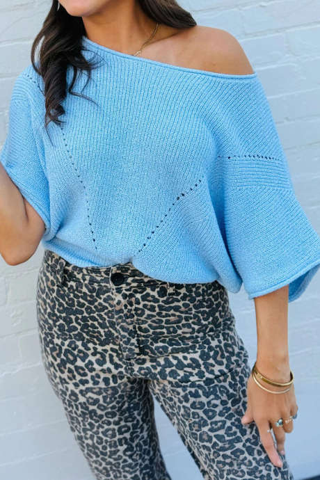 Light Blue Ribbed Knit Raw Edge Pointelle Detail Short Sleeve Sweater