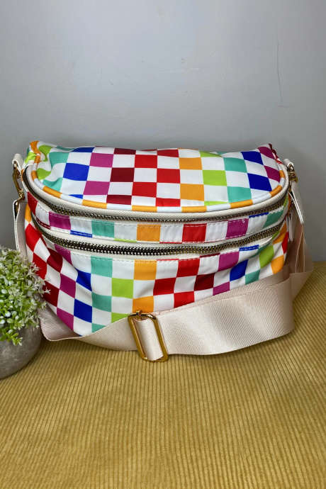 Белая симпатичная холщовая сумка с клетчатым узором и двойной молнией через плечо