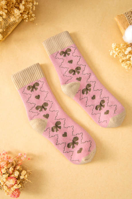 Chaussettes d'hiver à imprimé géométrique rose avec nœud et cœur, bord-côtes BH043360-P10