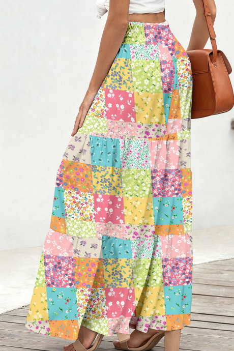 マルチカラーミックスフローラルパッチワークプリント 伸縮性ウエストマキシスカート