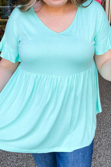 Light Blue Plus Size Solid Color V Neck Ruffled Short Sleeve Tunic Babydoll Top