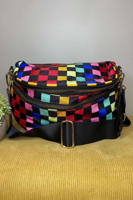 Kolor czarny Ładna płócienna torebka na ramię z podwójnym zamkiem błyskawicznym w szachownicę BH031491-P202