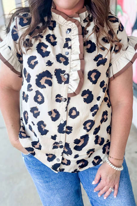 Блузка цвета хаки с леопардовым принтом и оборками, цветными блоками, застегивающаяся на пуговицы, с коротким рукавом
