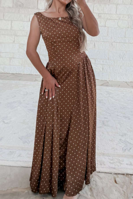 Coffee Polka Dot Sleeveless Maxi Dress