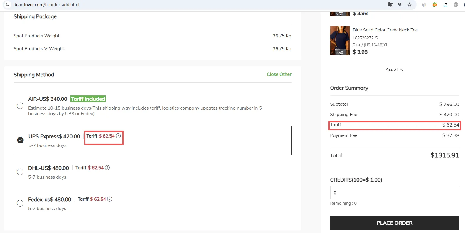 200枚のTシャツを796ドルで購入すると、関税の合計は62.54ドルになります。