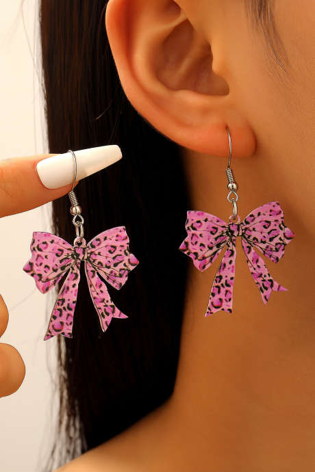 Bright Pink Stylish Leopard Printed Bow Stainless Hook Earrings