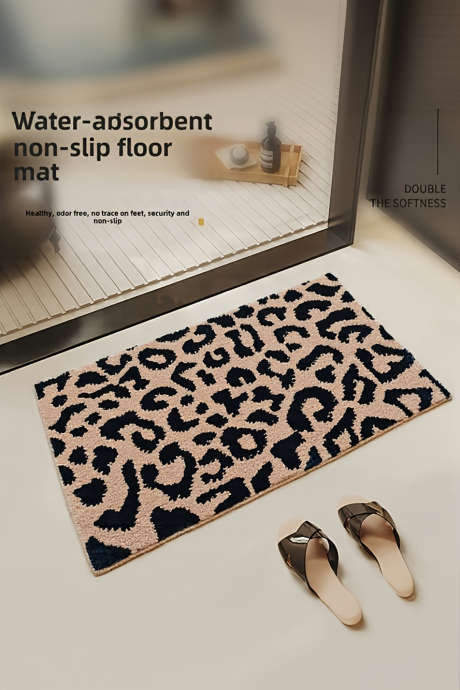 Tapete de entrada em lã sintética com estampa de leopardo bege claro francês BH052014-P4016