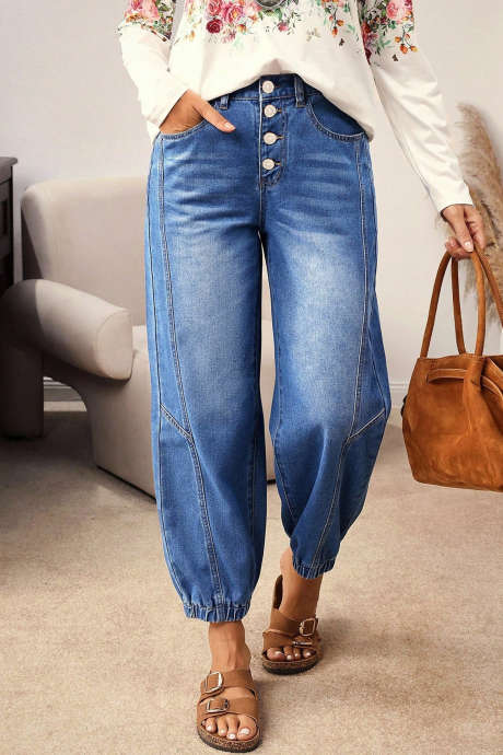 Calça jeans azul casual folgada com 4 botões frontais