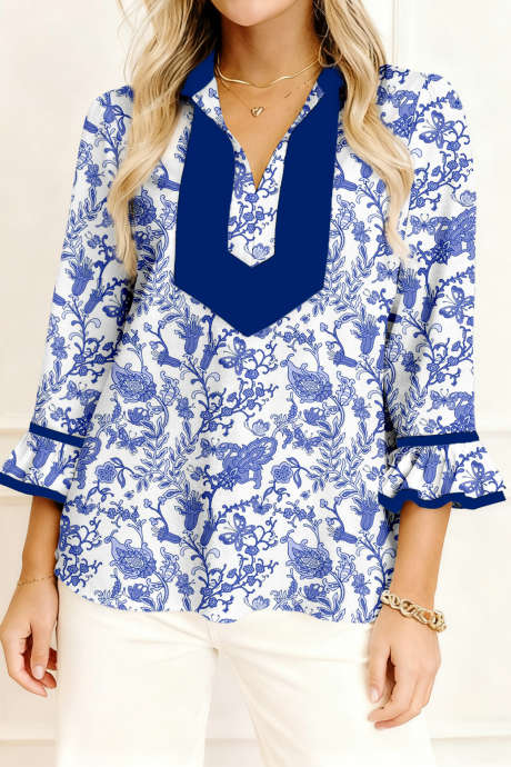 Блузка небесно-голубого цвета с цветочным принтом, цветными блоками и лоскутным узором, с воланами и рукавами 3/4