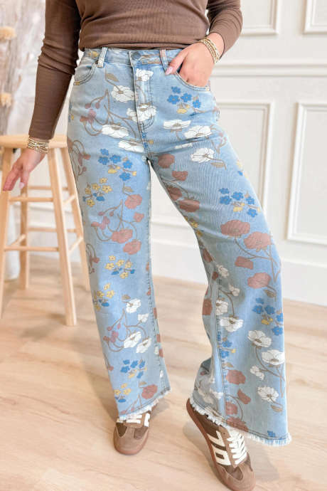 Jeans a tubino con orlo grezzo e stampa floreale blu cielo