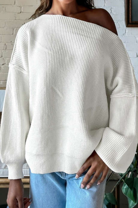 Witte asymmetrische hals met verlaagde schouders, baggy slouchy trui LC2727861-P1