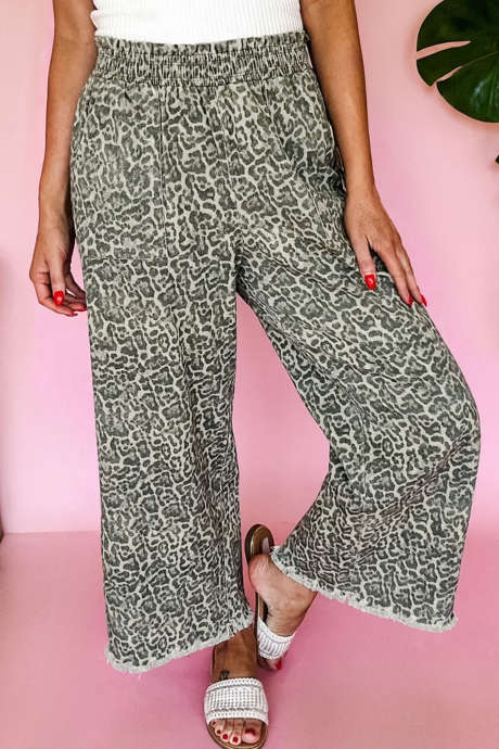 Bruine luipaardprint, ruwe zoom, elastische taille, losse pull-on jeans LC7876070-P1720