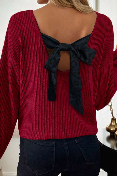 Racing Red Ribbed V Neck Contrast Ribbon Bow Back Drop Shoulder Long Sleeve Top