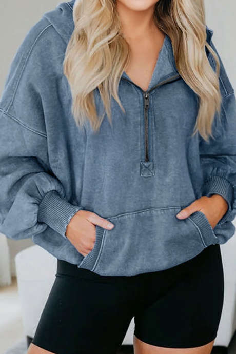 Moletom com capuz largo Ashleigh Blue com meio zíper e bolso canguru e lavagem mineral