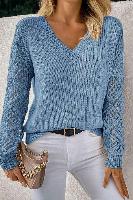Beau Blue Solid V Neck Pointelle Knit Sleeve Patchwork Sweater LC2727840-P804