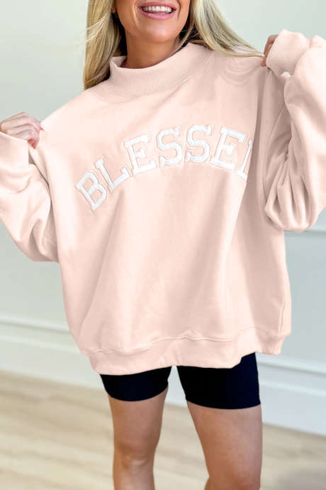 Sweat-shirt oversize rose clair brodé à col montant