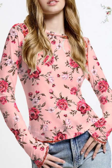 Top de malla de manga larga con estampado floral rosa y costuras expuestas LC25134605-P1020