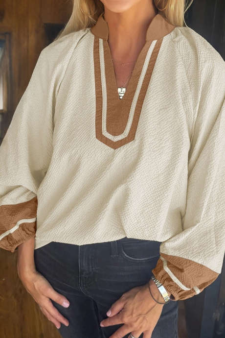 Jet Stream Color Block Patchwork Detail V-hals Blouse met Lange Mouwen en Textuur