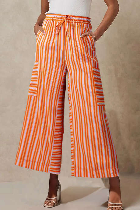 Pantalon palazzo court à rayures orange avec poches LC7713184-P1419