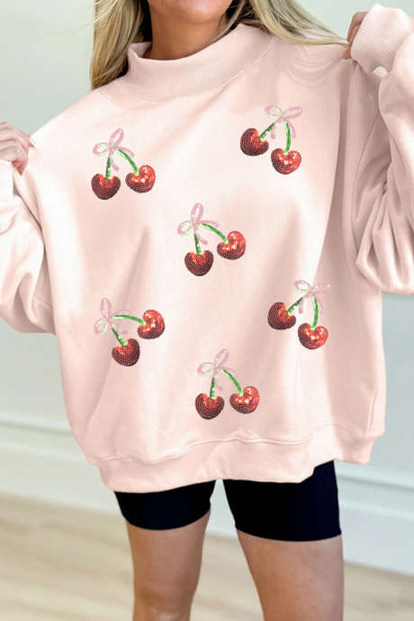 Sweat-shirt ample à col montant, nœud papillon et écusson cerise rose abricot