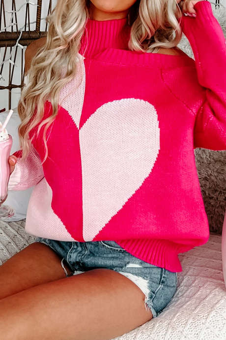 Rozerode kleurblok hartpatroon hoge hals koude schouder trui