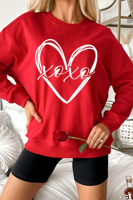 Sudadera con estampado de corazón de San Valentín rojo xoxo LC25321036-3