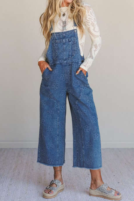 Ashleigh Blue Dainty Flower Pattern Raw Hem Denim Overall Jumpsuit