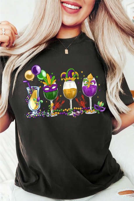 T-shirt imprimé écrevisses, boissons joyeuses de Mardi Gras, noir, LC25230545-2