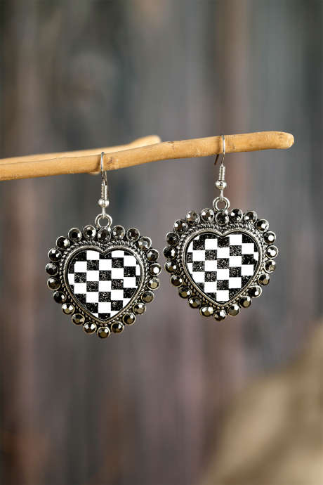 Boucles d'oreilles vintage à damier en cristal noir et bordure cloutée BH014668-P2