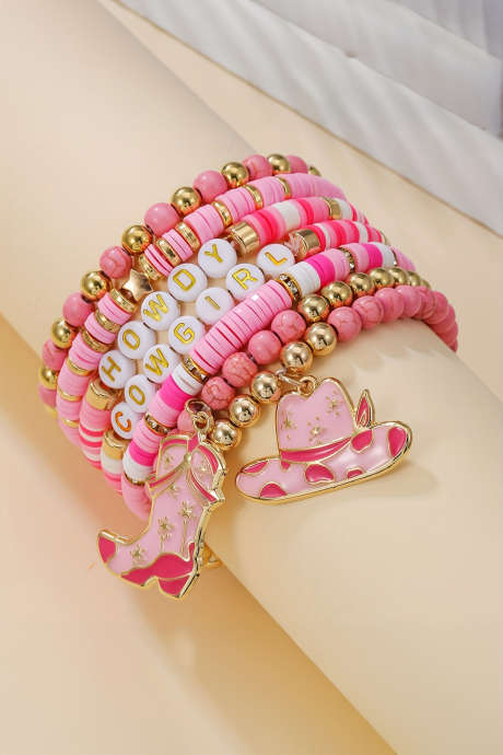 Ensemble de 7 pièces roses HOWDY COWGIRL : chapeau, bottes et bracelet extensible perlé BH014624-P10