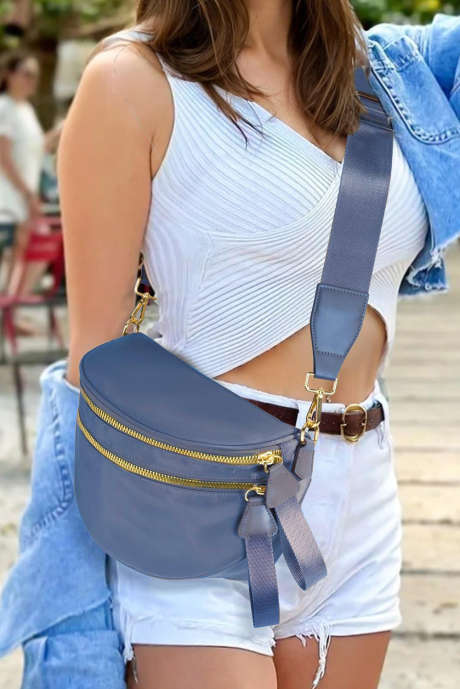 Sac bandoulière ajustable en forme de croissant, double fermeture éclair bleu marine BH031437-P905