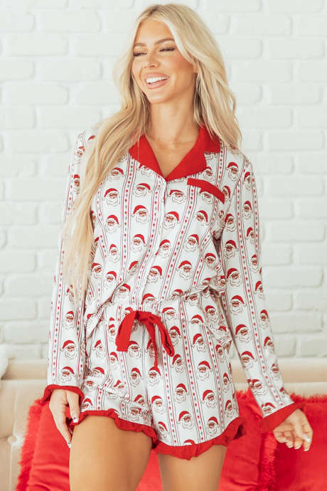 Conjunto de pijama com babados e listras de Papai Noel branco
