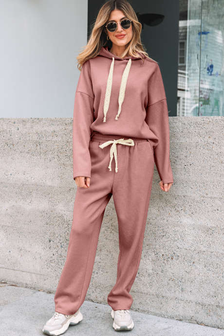 Ensemble en velours côtelé avec sweat à capuche et pantalon taille haute en dentelle rose tan