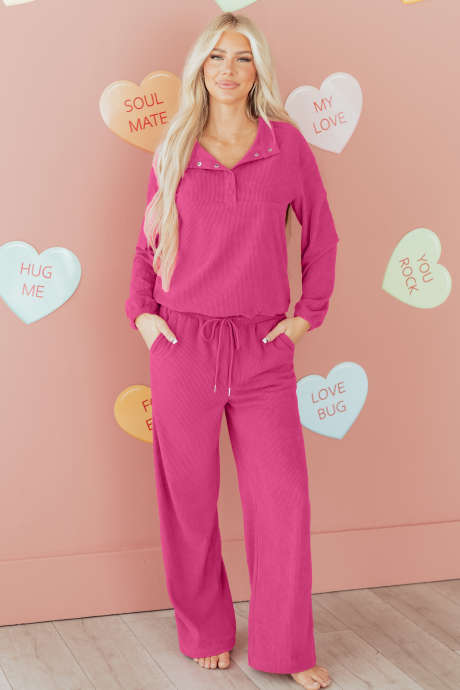 Pfirsichblüten-Pullover mit halben Knöpfen und Kordelzughose, einfarbig, Cord, 2-teiliges Outfit