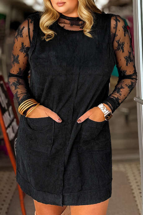 Robe mini sans manches en velours côtelé noir grande taille avec poches plaquées PL6125856-P2