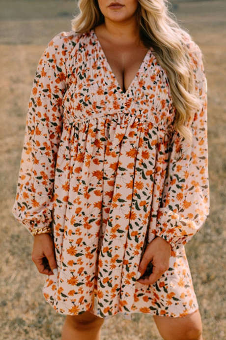 Beige plus-size bloemenprint V-hals lange mouwen babydoll korte jurk