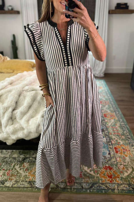 ブラックストライプ ダブルフリル 半袖 コントラストトリム Vネック ミディドレス