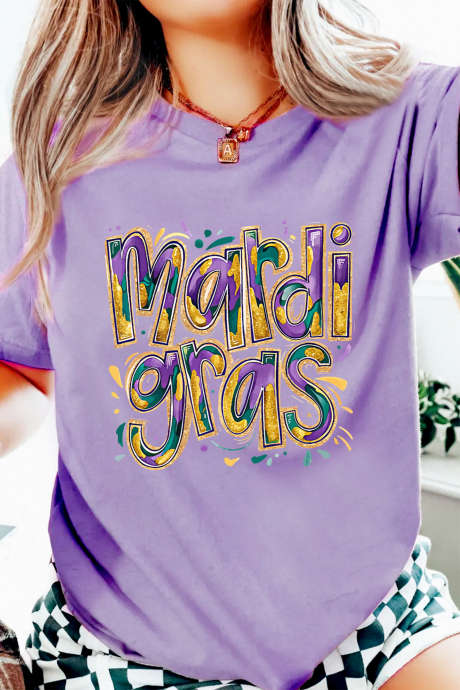 Wisteria Mardi Gras Vrolijk Letter Grafisch T-shirt