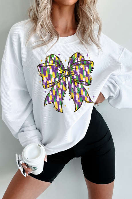 White Mardi Cheerful Bow Printed Corded Ribbed Sweatshirt LC25321040-P1