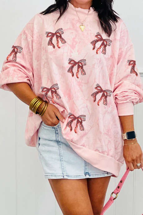 Moletom folgado com gola alta, laço e aplique tie-dye rosa com lantejoulas para o Dia dos Namorados LC25321053-P1020