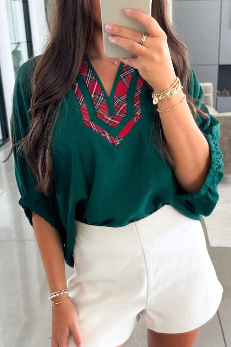 Blusa xadrez com patchwork e decote em V e manga curta Evergreen