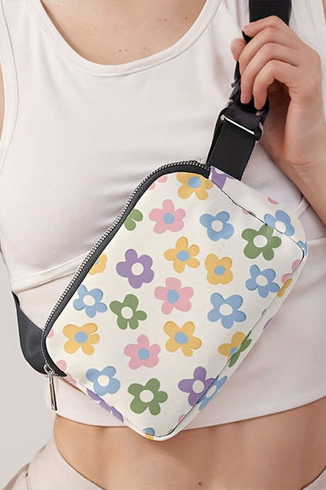 Bolsa transversal de lona branca com estampa floral delicada BH031499-P1