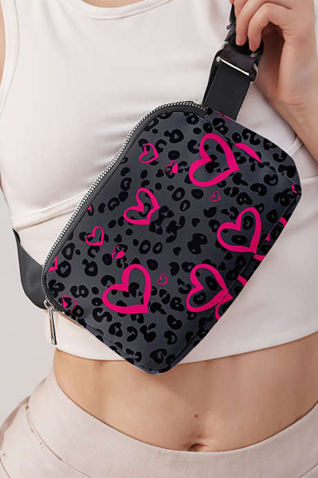 Bolso bandolera de lona con estampado de leopardo y corazones en gris oscuro BH031499-P2011
