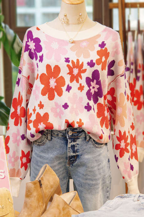 Kaki herfsttrui met bloemenpatroon en verlaagde schouders LC2727297-P1620