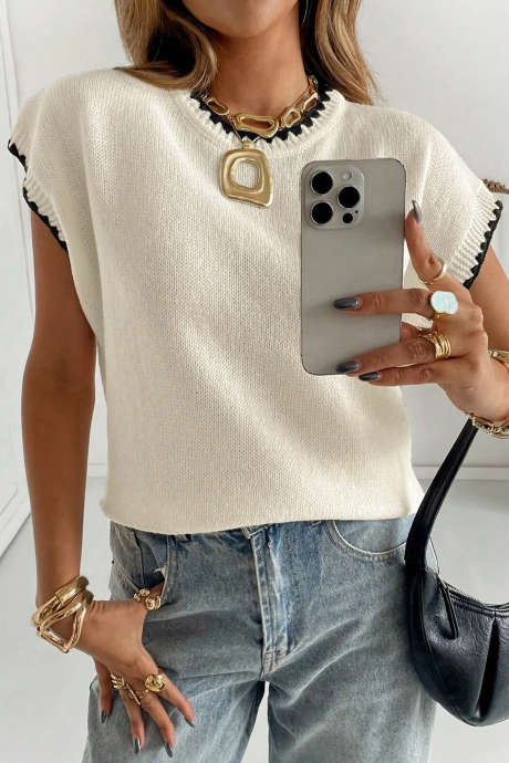 Jet Stream Crew Neck Contrast Stitched Short Sleeve Sweater