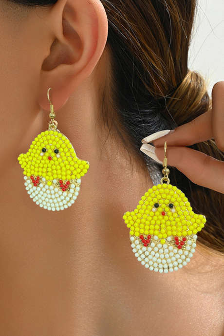 White Beading Chick Easter Open Hook Earrings