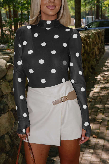 body à manches longues en maille à imprimé à pois vintage noir