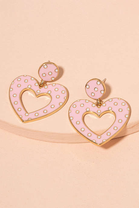 Boucles d'oreilles puces en forme de cœur à pois, vernis rose